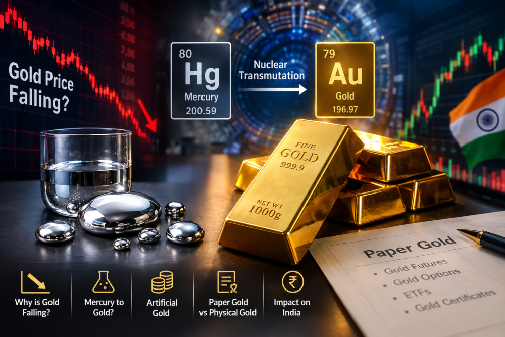 Gold price decline, mercury-to-gold nuclear transmutation, artificial gold and paper gold market.